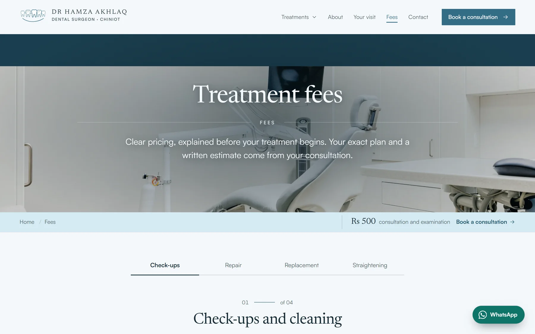 The fees page: the Rs 500 consultation and treatment prices by category.
