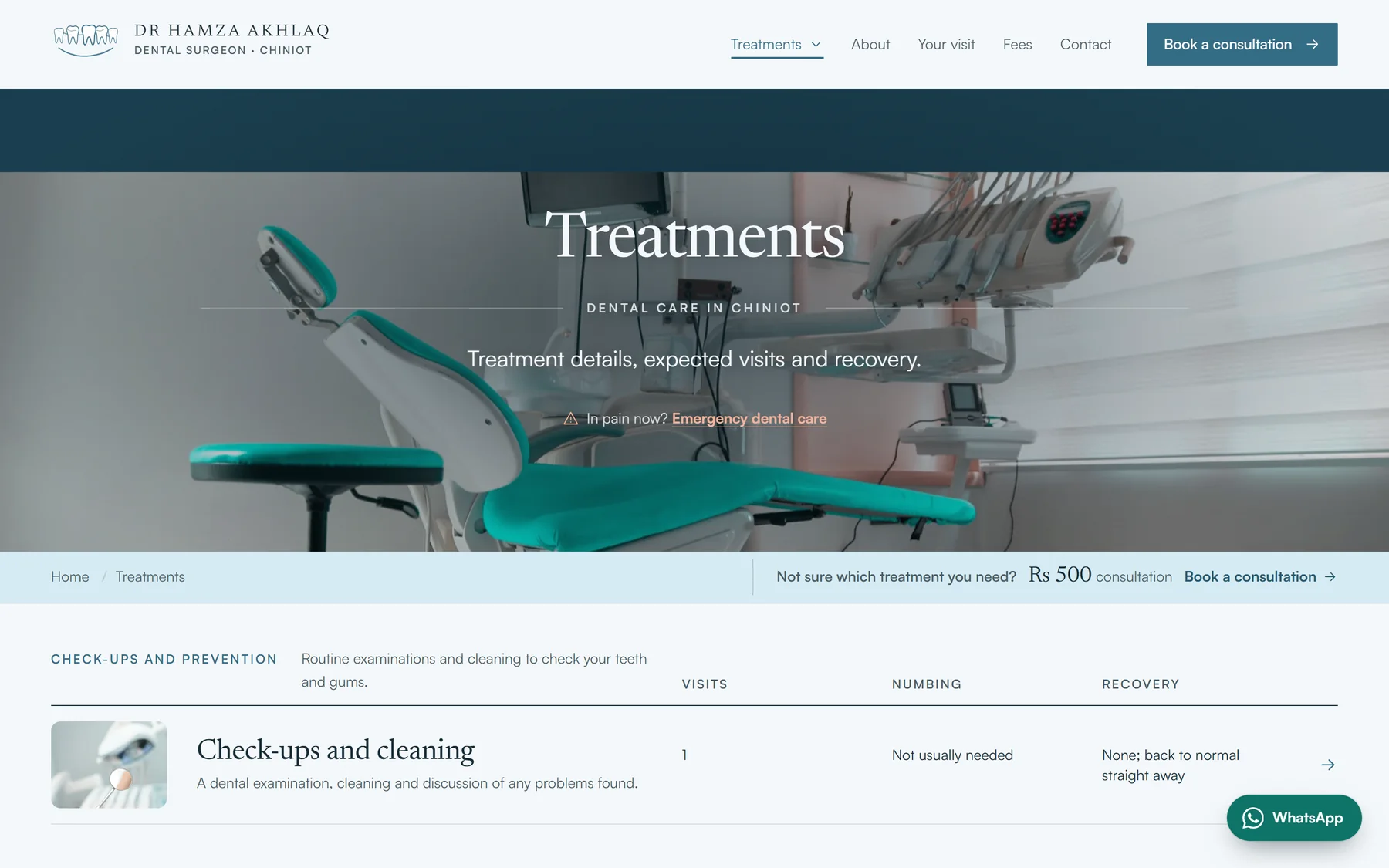 The treatments page: each treatment with its visits, numbing and recovery.