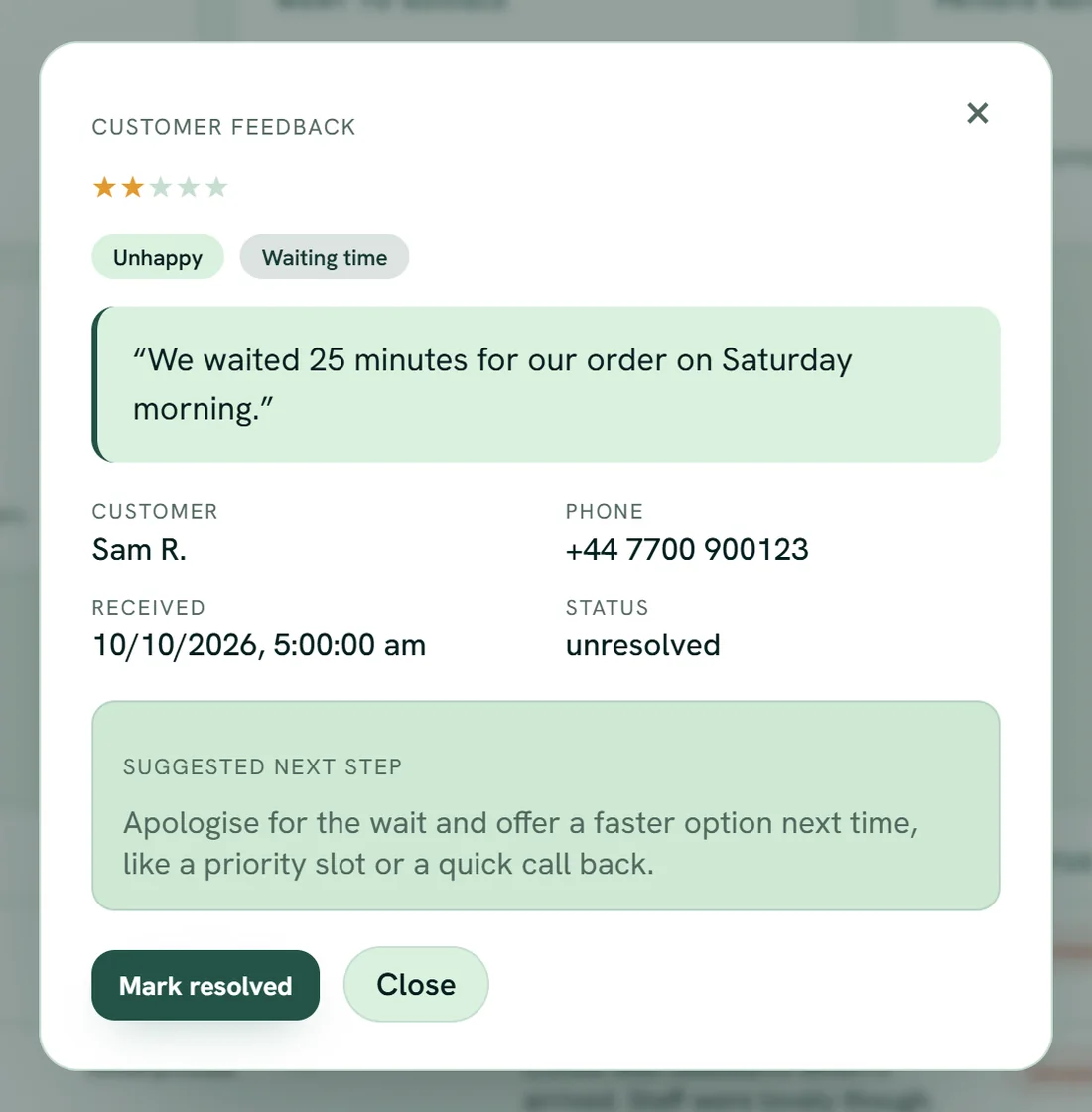 A private note in the owner dashboard: tagged Unhappy and Waiting time, with a suggested next step and a Mark resolved button.