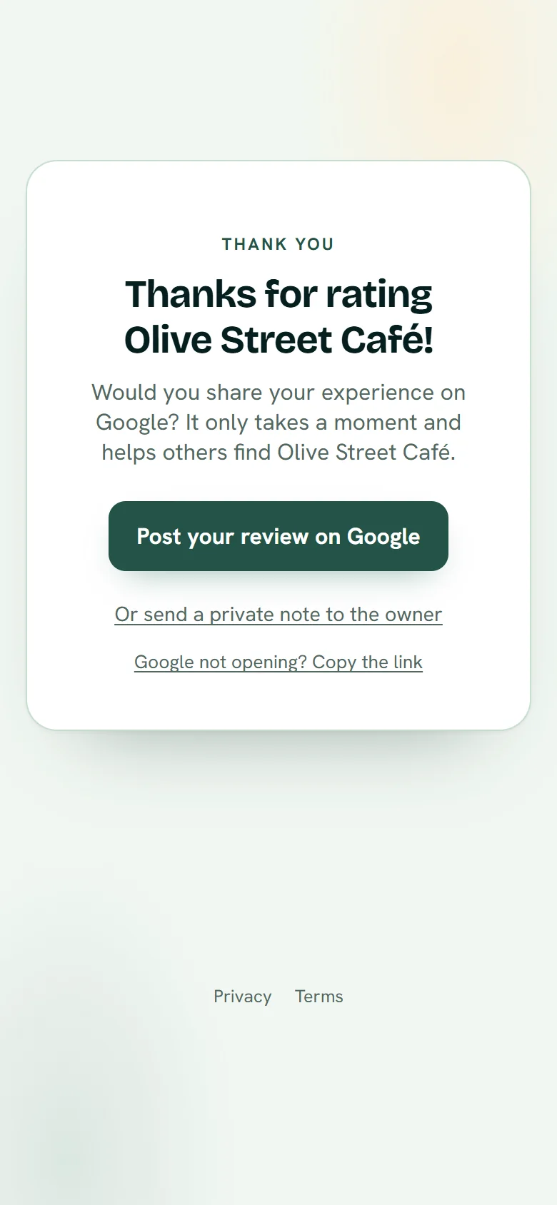 The Talk2UsNow rating page after a rating: “Post your review on Google”, or send a private note to the owner.
